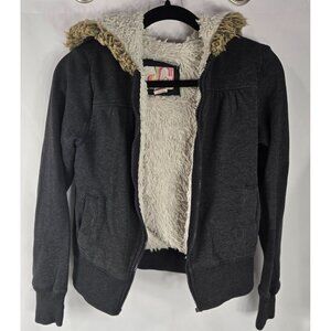 Vintage Op Girls Sherpa lined Hooded Jacket  small Gray broken‎ zipper